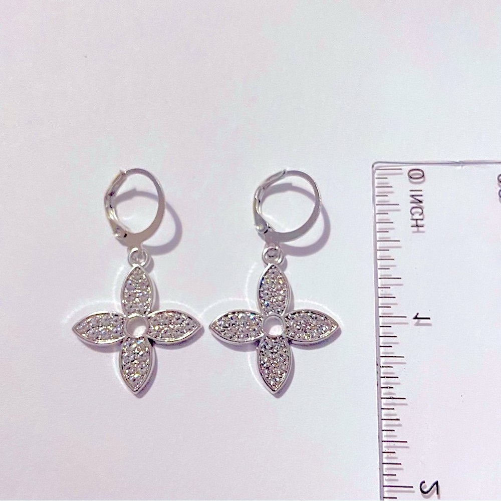 Clover Dangle Earrings Silvertone and Rhinestones - Picture 3 of 3